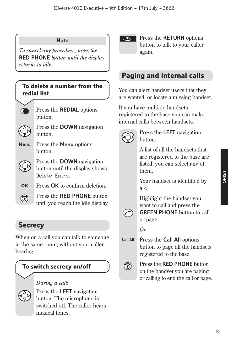 Secrecy, Paging and internal calls | BT 4010 Executive User Manual | Page 25 / 69