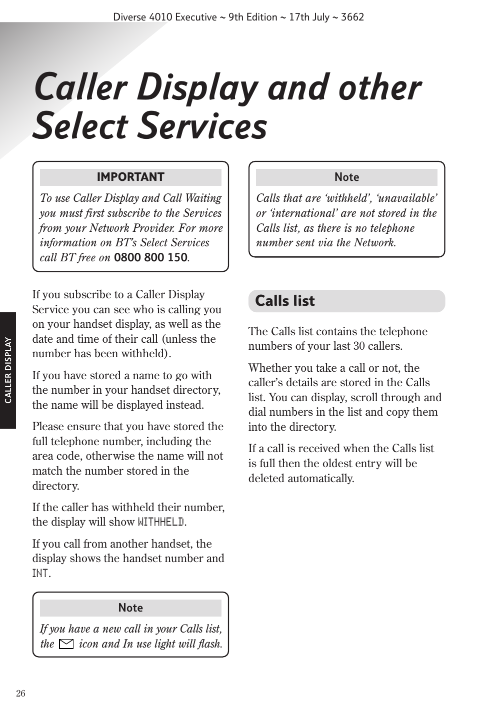 Caller display and other select services, Calls list | BT 4010 Executive User Manual | Page 28 / 69