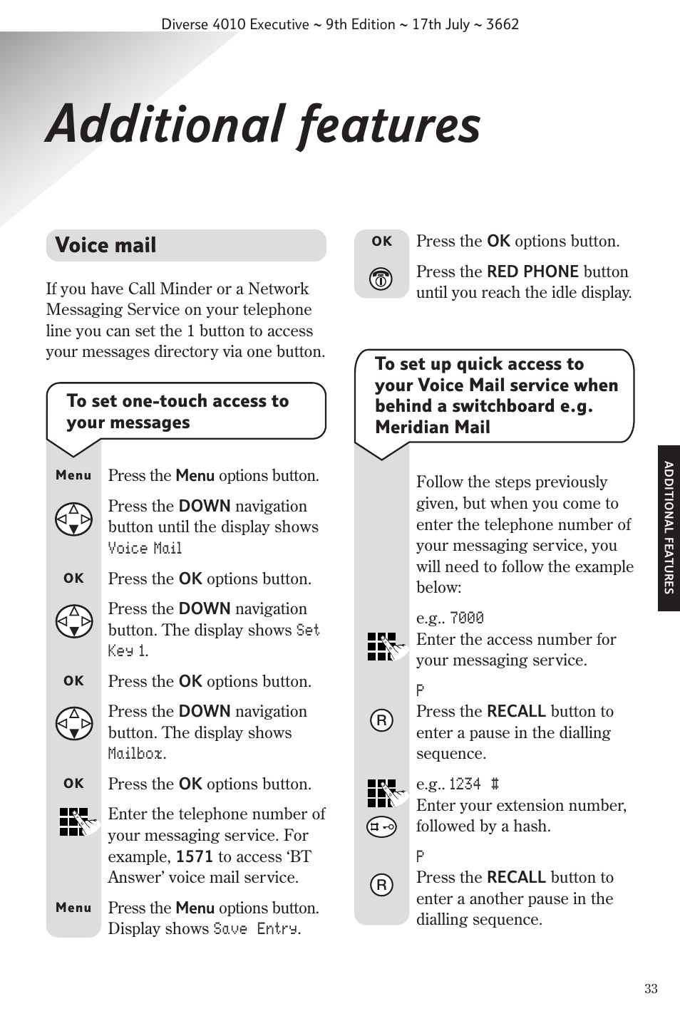 Additional features, Voice mail | BT 4010 Executive User Manual | Page 35 / 69