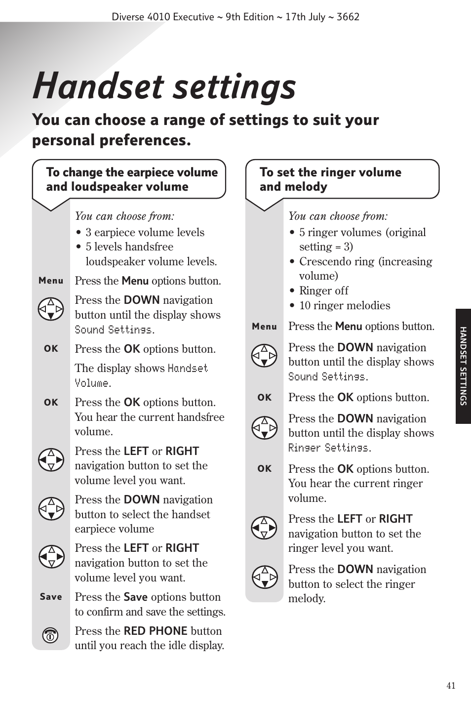 Handset settings | BT 4010 Executive User Manual | Page 43 / 69