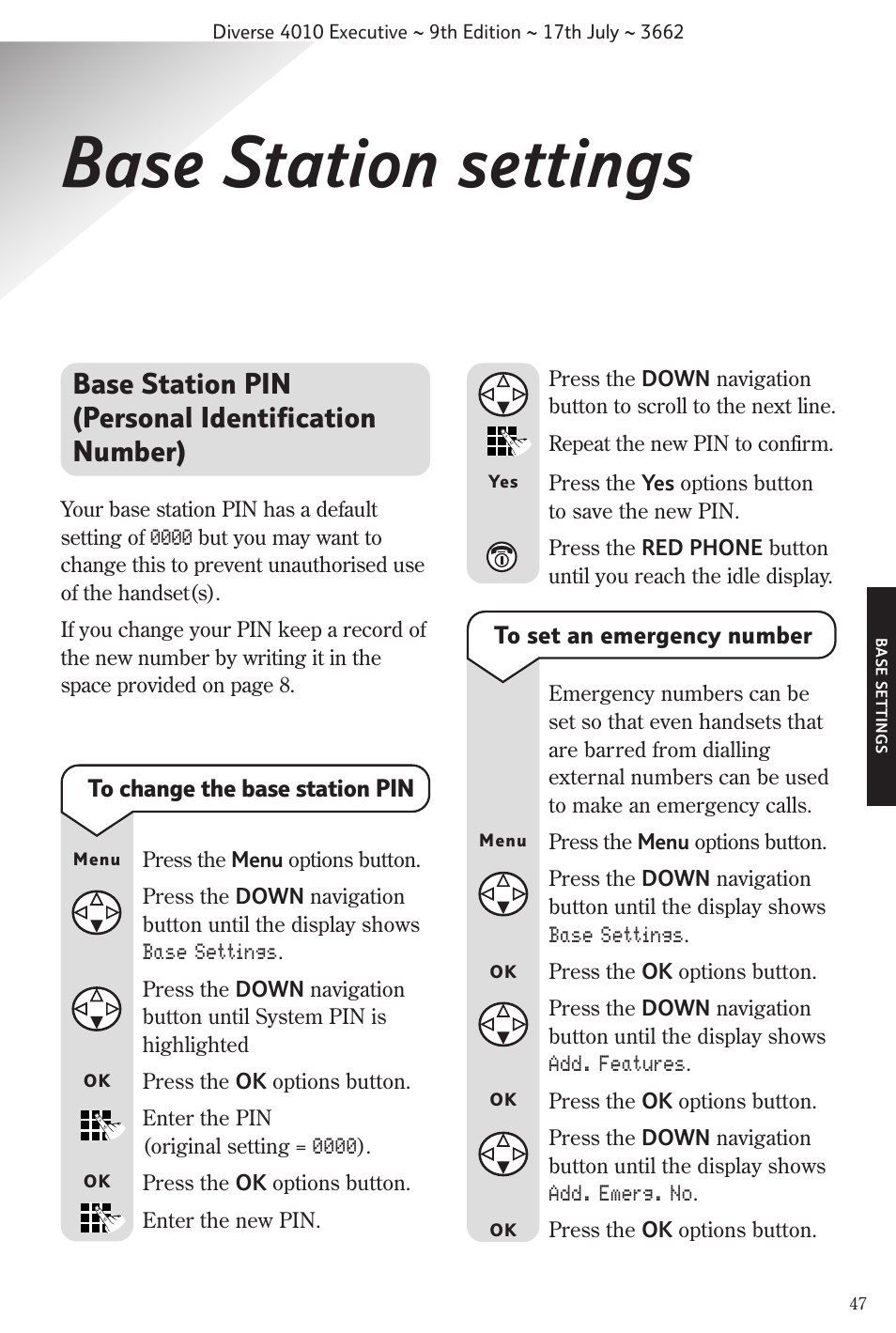 Base station settings, Base station pin (personal identification number) | BT 4010 Executive User Manual | Page 49 / 69