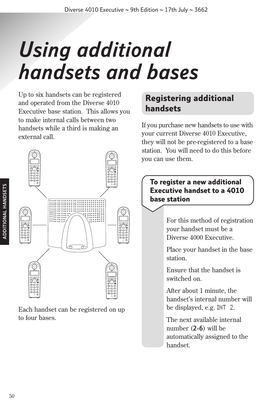 Using additional handsets and bases, Registering additional handsets, Int 2 | Additional handset s, Wxyz, Pqrs, Tuv ghi | BT 4010 Executive User Manual | Page 52 / 69