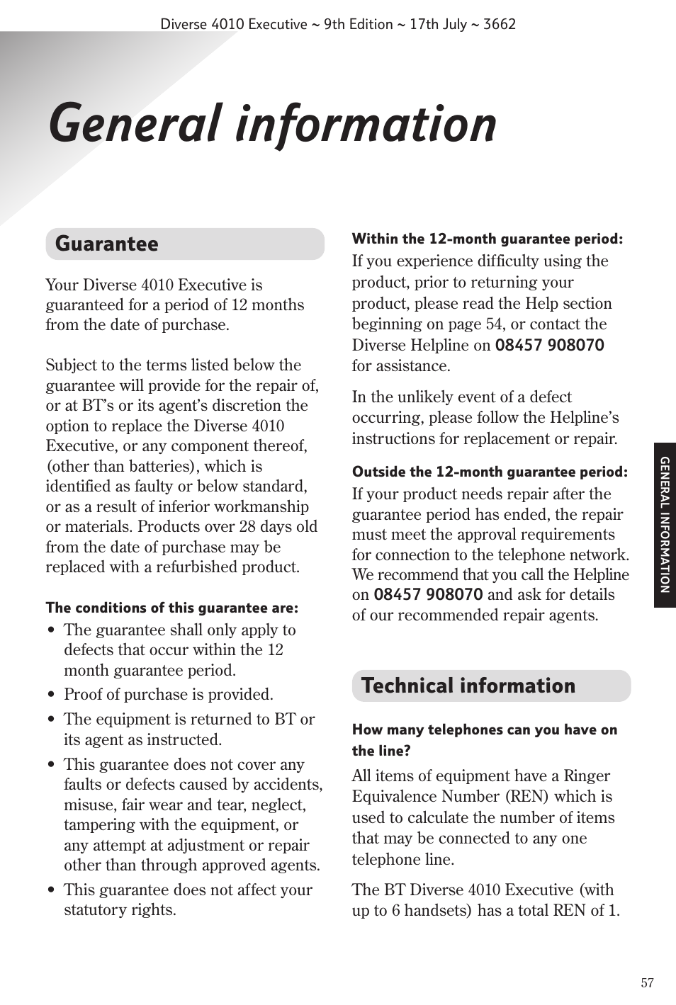 General information, Guarantee, Technical information | BT 4010 Executive User Manual | Page 59 / 69