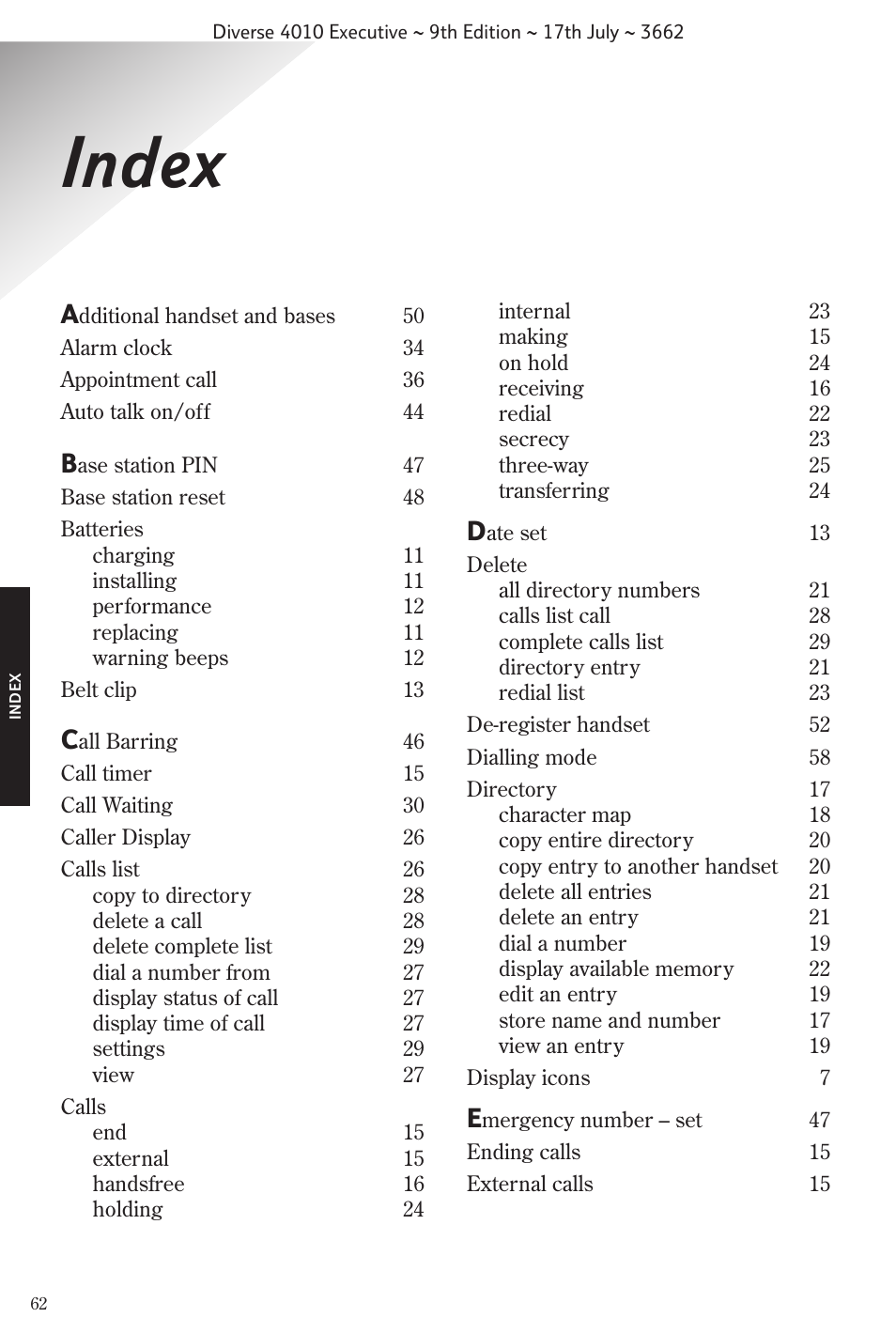 Index | BT 4010 Executive User Manual | Page 64 / 69
