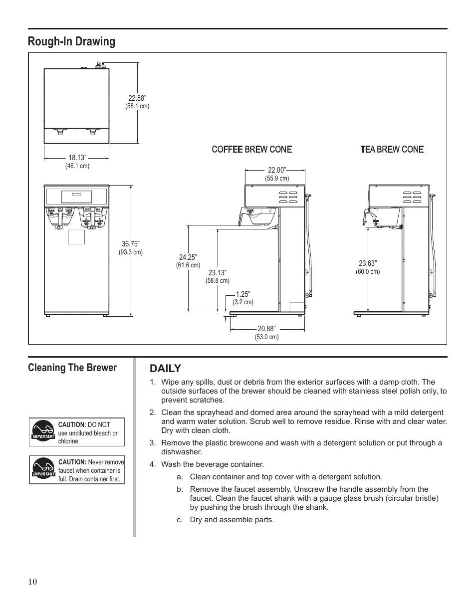 Rough-in drawing, Daily, Cleaning the brewer | Wilbur Curtis CBHT User Manual | Page 10 / 12
