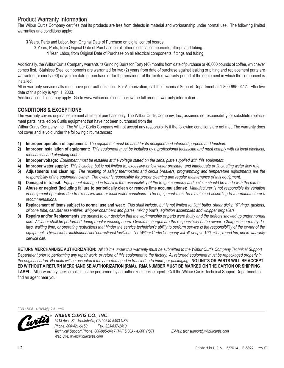 Product warranty information | Wilbur Curtis CBHT User Manual | Page 12 / 12