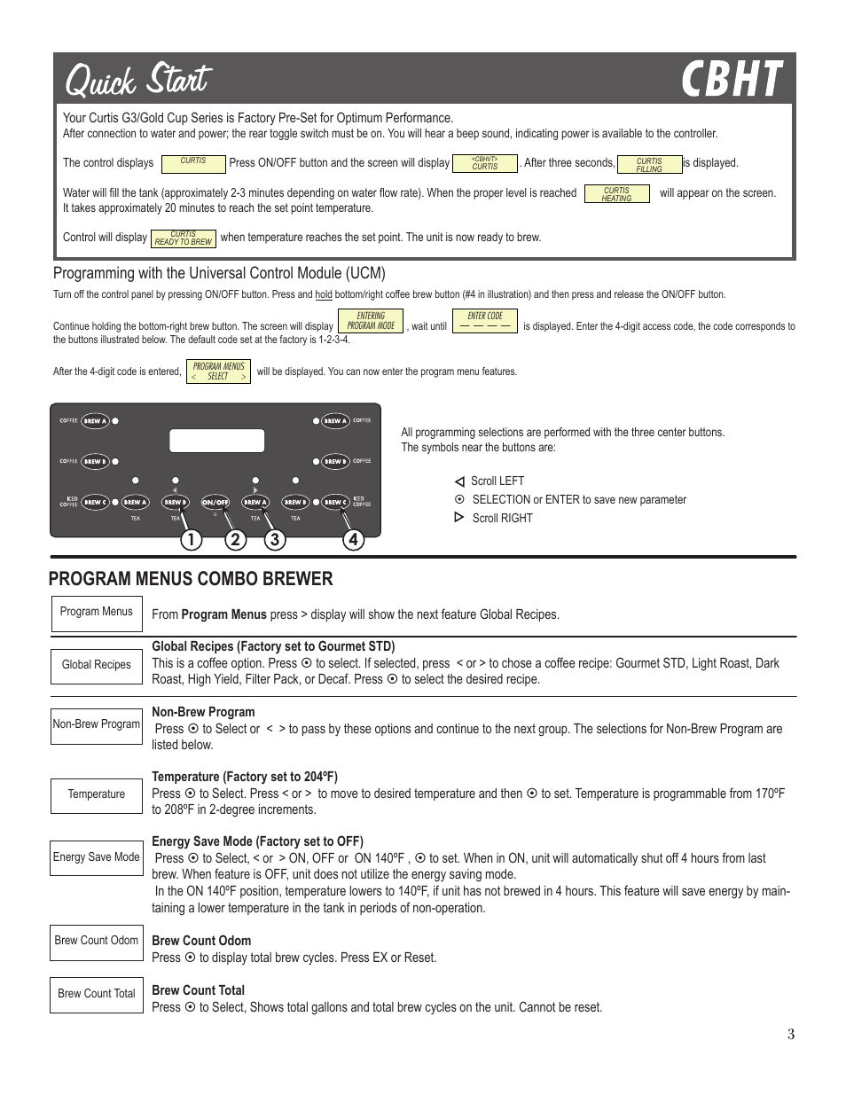 Program menus combo brewer | Wilbur Curtis CBHT User Manual | Page 3 / 12