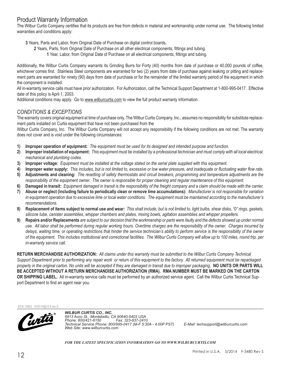 Product warranty information, Conditions & exceptions | Wilbur Curtis TCC3 User Manual | Page 12 / 12