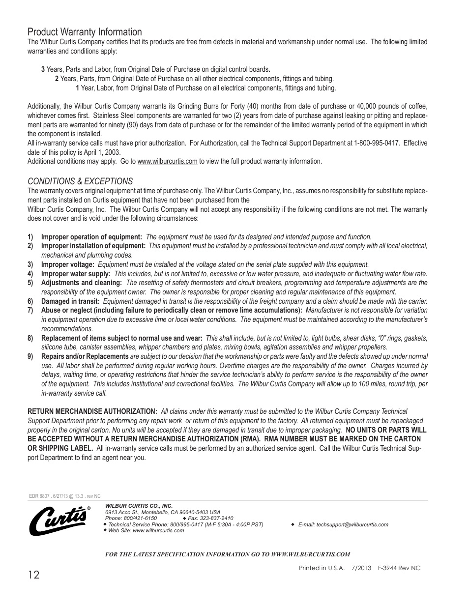 Product warranty information, Conditions & exceptions | Wilbur Curtis TCC3S User Manual | Page 12 / 12