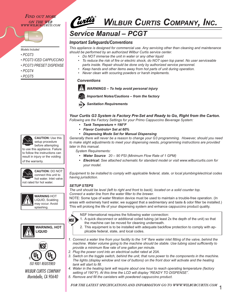 Wilbur Curtis PCGT5 User Manual | 8 pages