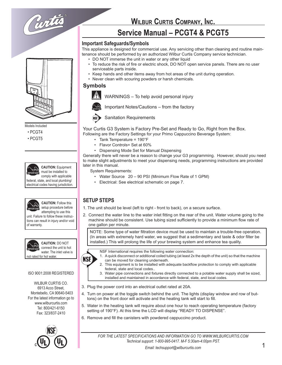 Wilbur Curtis PCGT5 User Manual | 8 pages