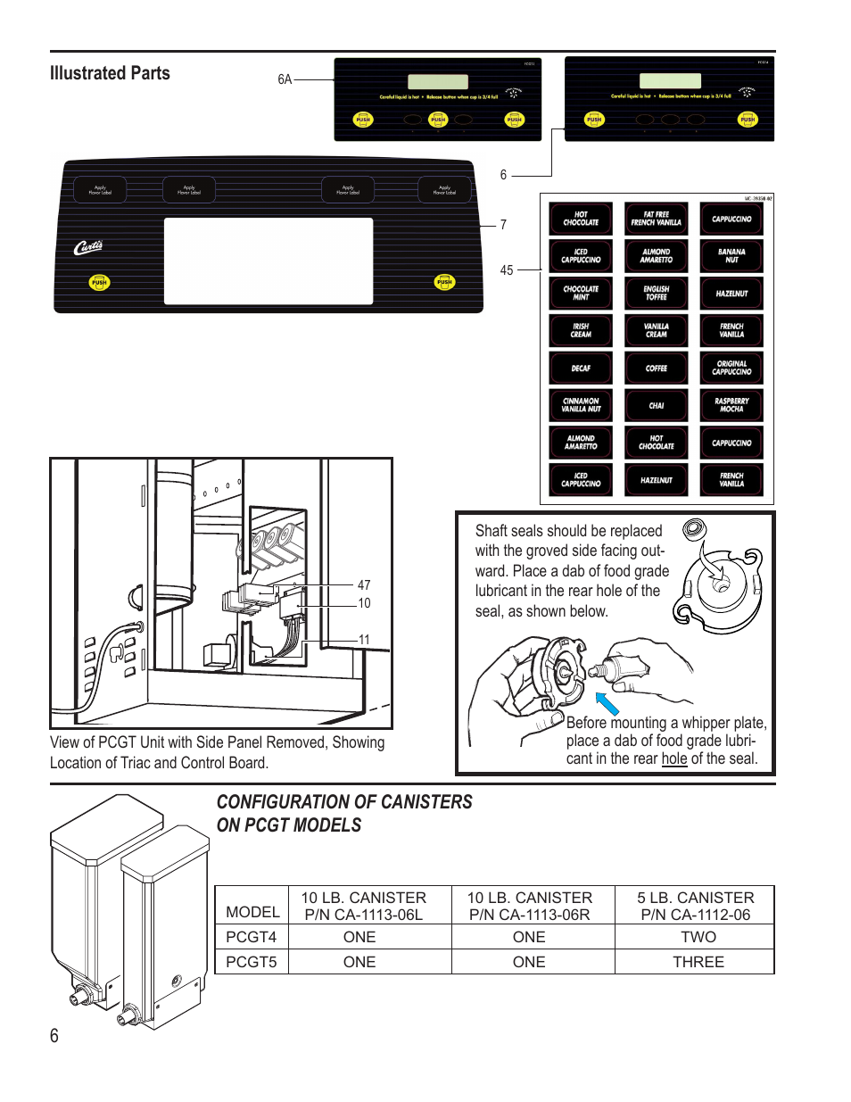 Configuration of canisters on pcgt models, Illustrated parts | Wilbur Curtis PCGT5 User Manual | Page 6 / 8