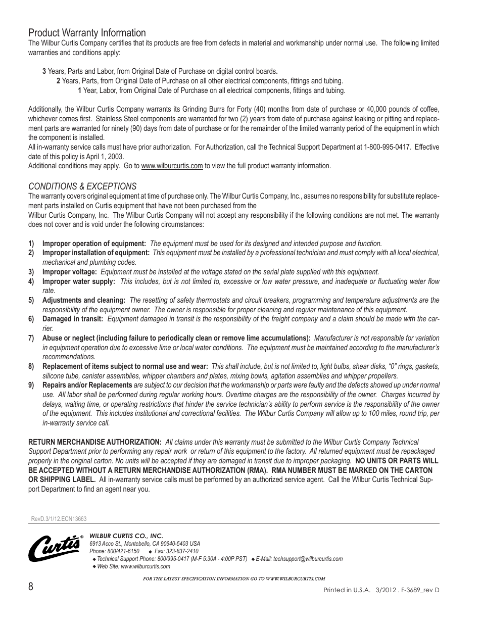 Product warranty information | Wilbur Curtis PCGT5 User Manual | Page 8 / 8