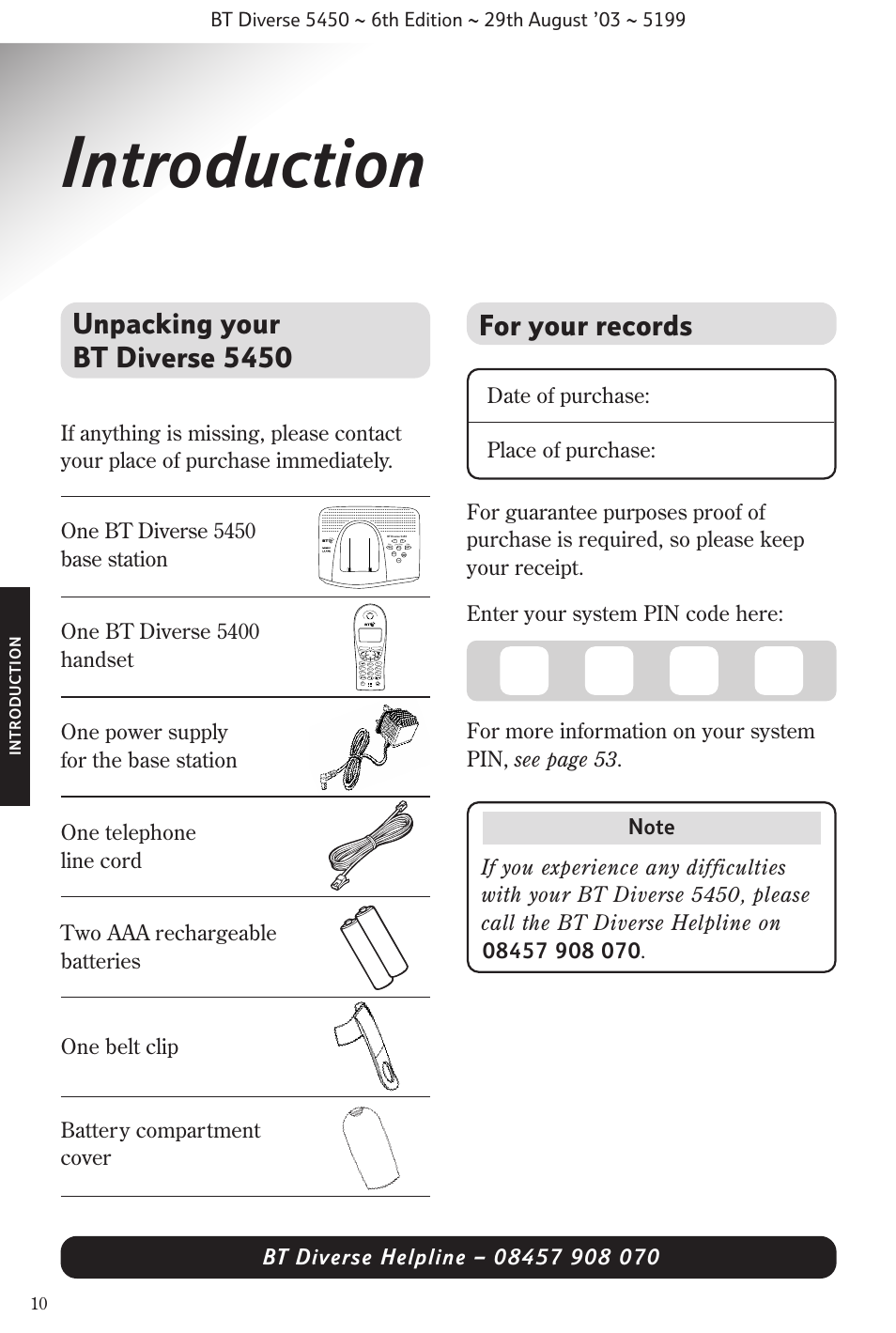 Introduction, Unpacking your bt diverse 5450, For your records | BT Diverse 5450 User Manual | Page 12 / 94