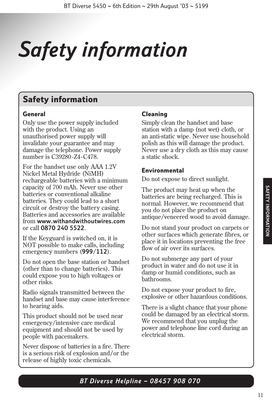 Safety information | BT Diverse 5450 User Manual | Page 13 / 94