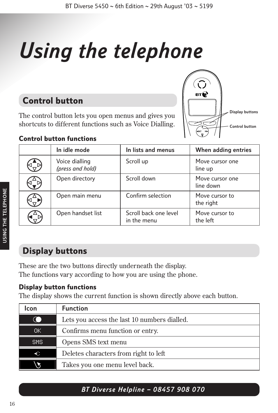 Using the telephone, Control button, Display buttons | BT Diverse 5450 User Manual | Page 18 / 94