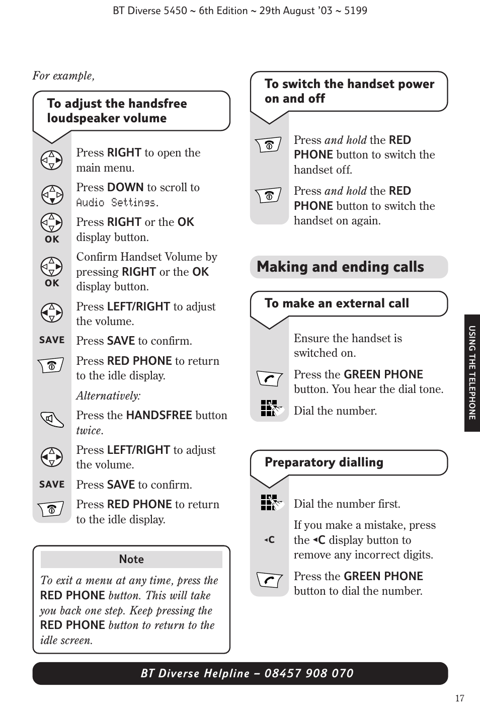 Making and ending calls, Preparatory dialling | BT Diverse 5450 User Manual | Page 19 / 94