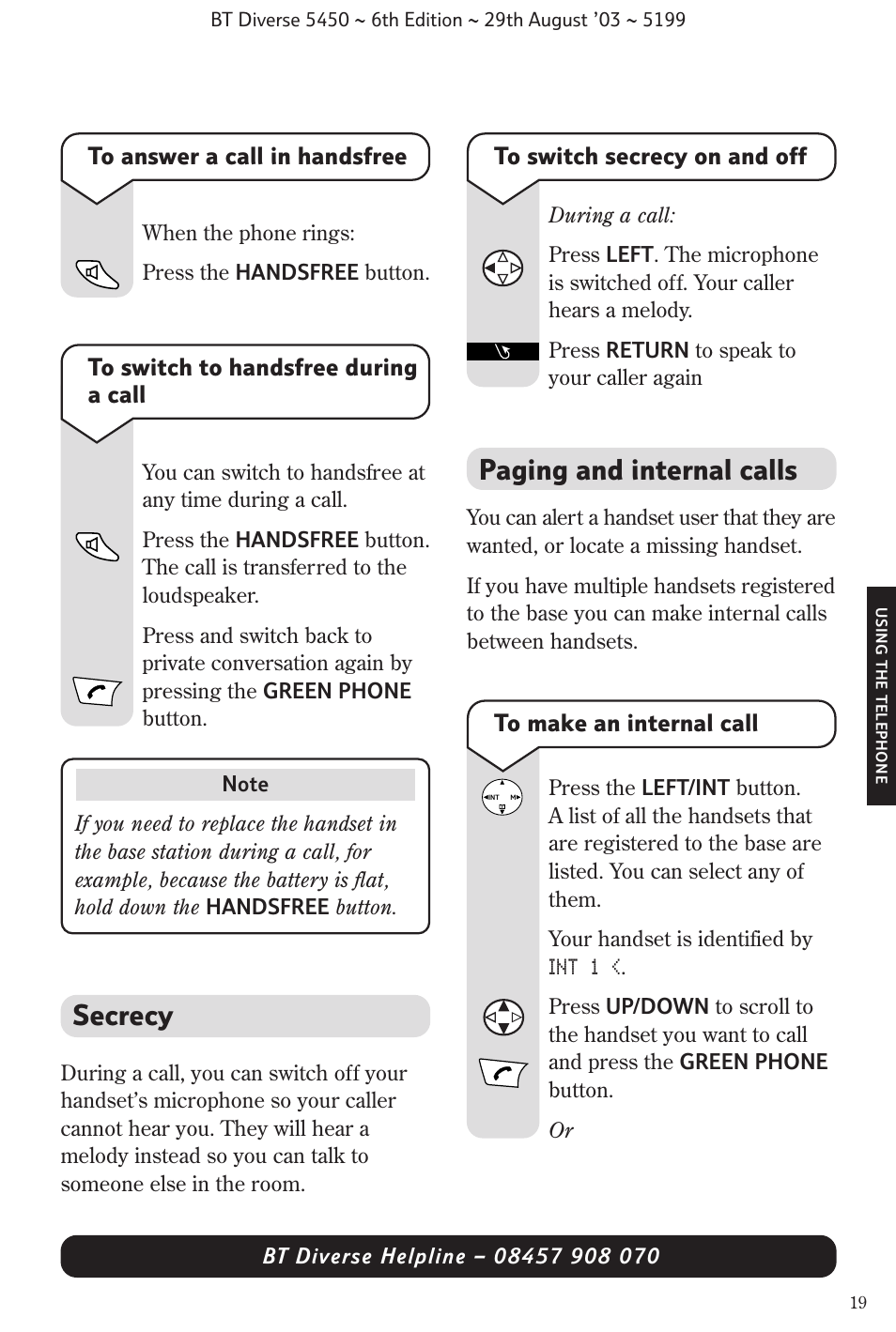 Secrecy, Paging and internal calls | BT Diverse 5450 User Manual | Page 21 / 94