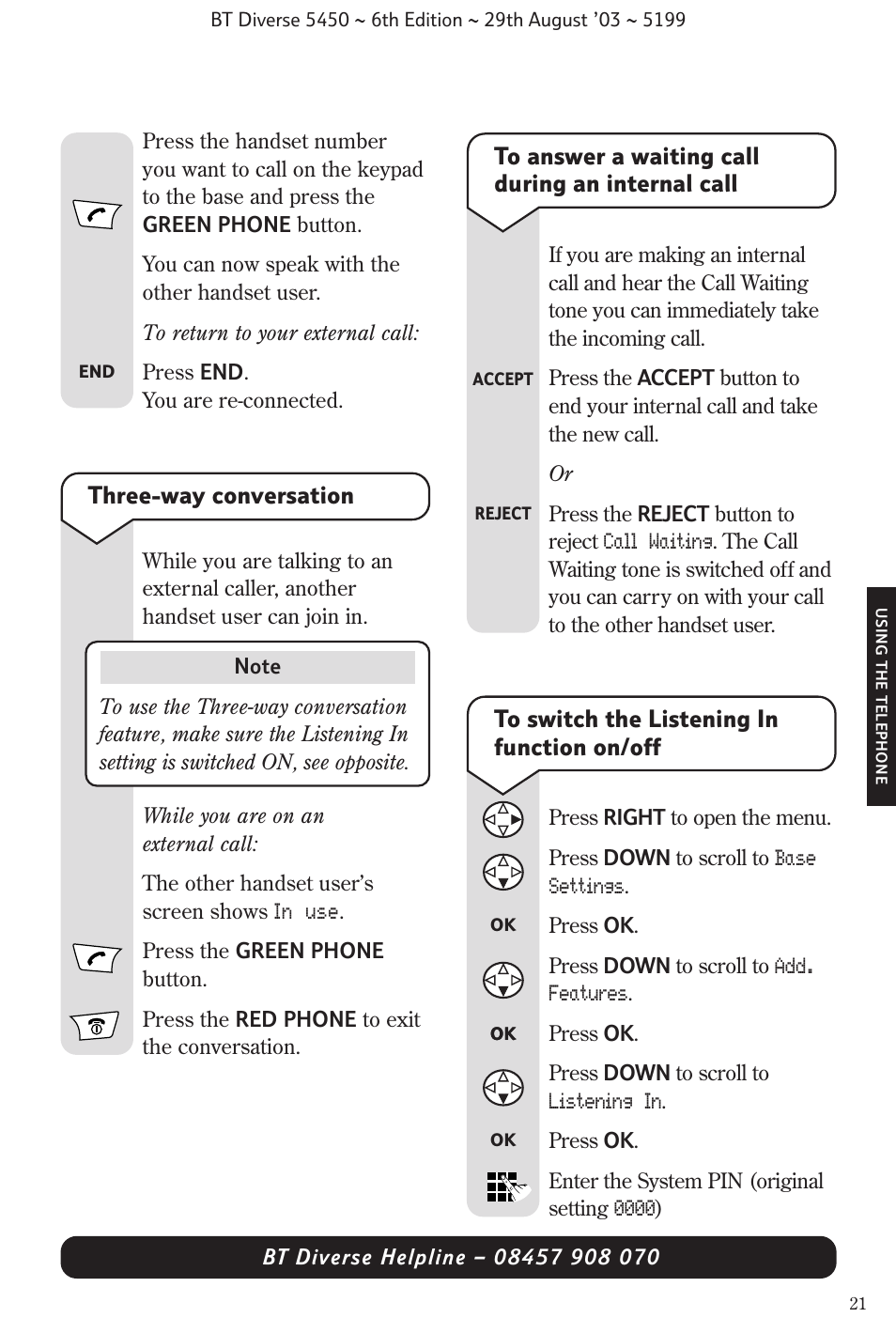 Three-way conversation | BT Diverse 5450 User Manual | Page 23 / 94