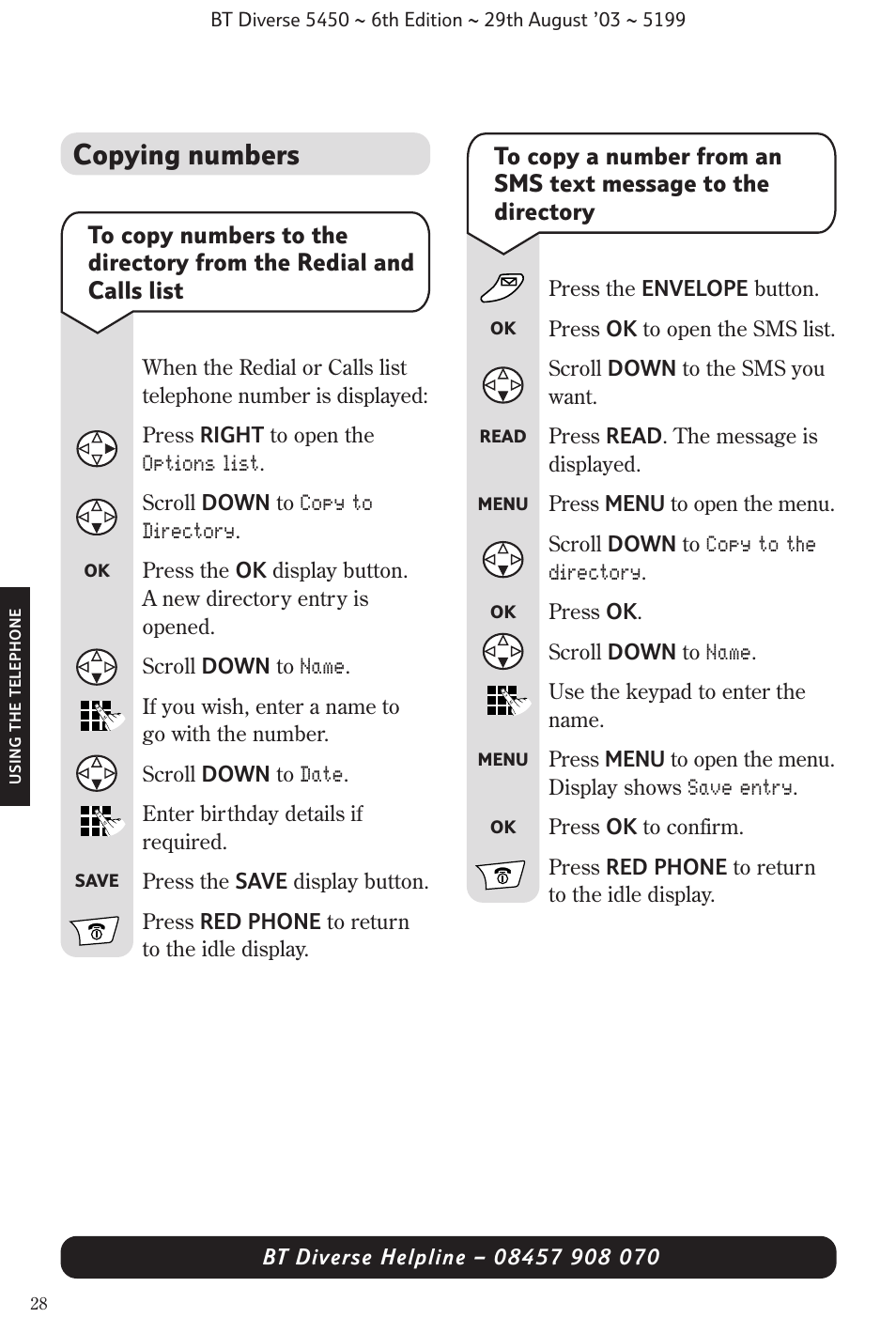 Copying numbers | BT Diverse 5450 User Manual | Page 30 / 94