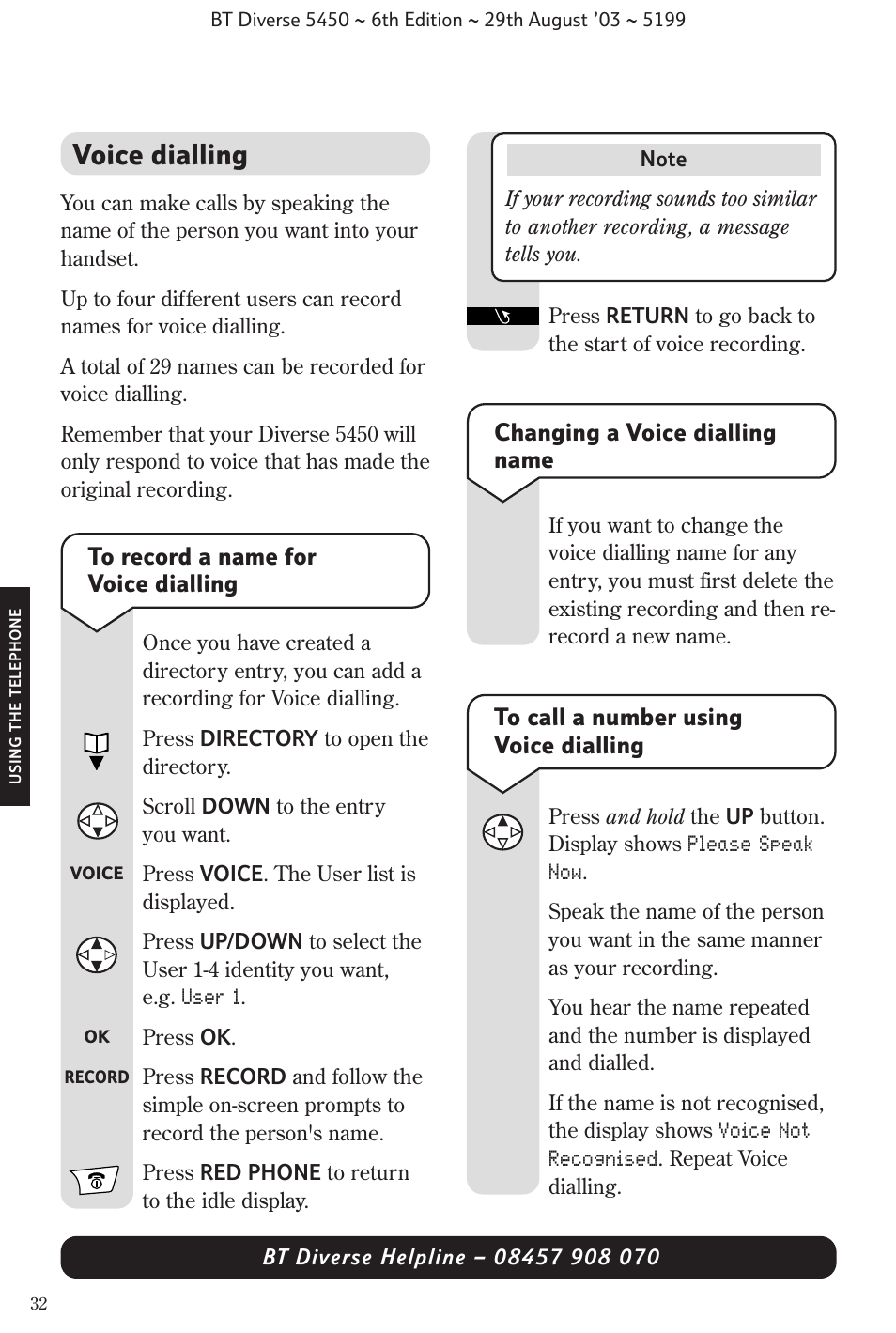 Voice dialling, Changing a voice dialling name | BT Diverse 5450 User Manual | Page 34 / 94