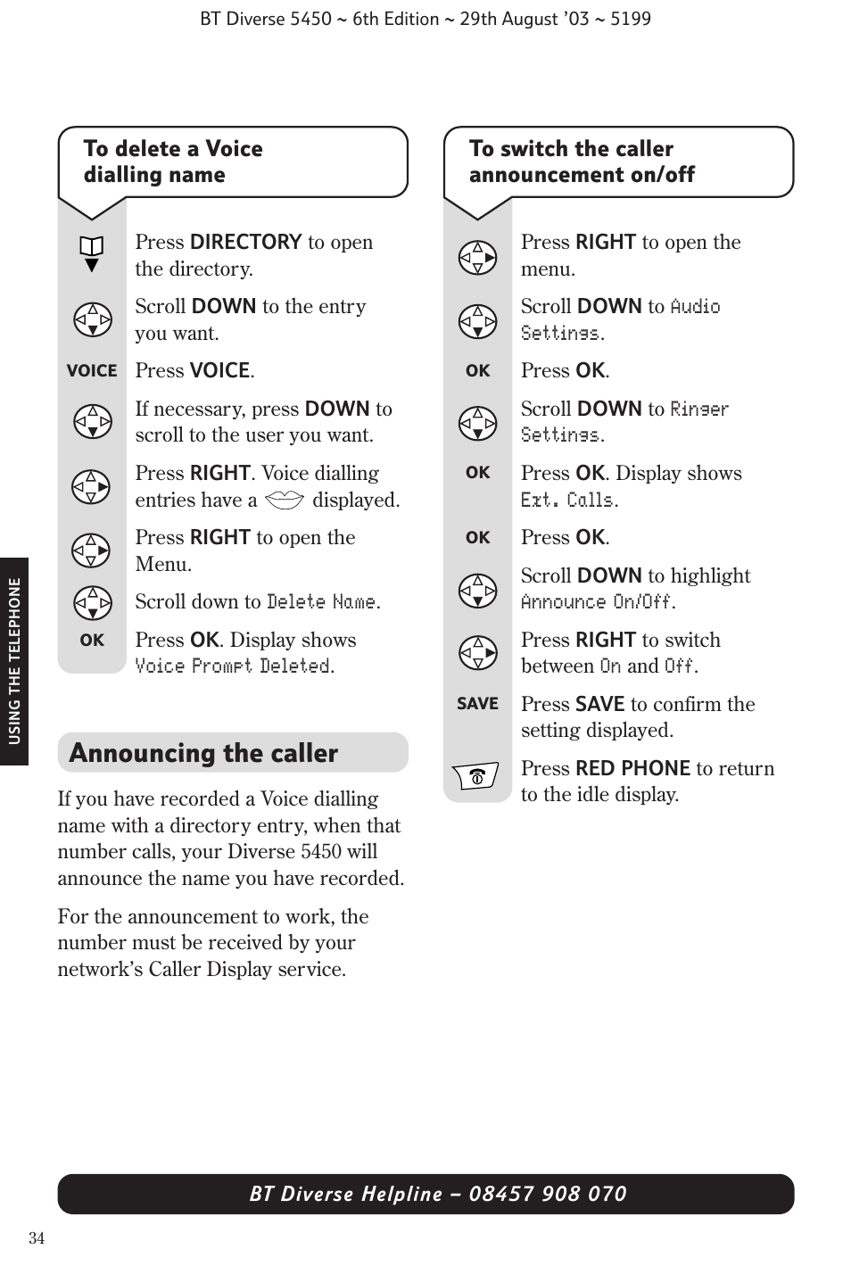 Announcing the caller | BT Diverse 5450 User Manual | Page 36 / 94