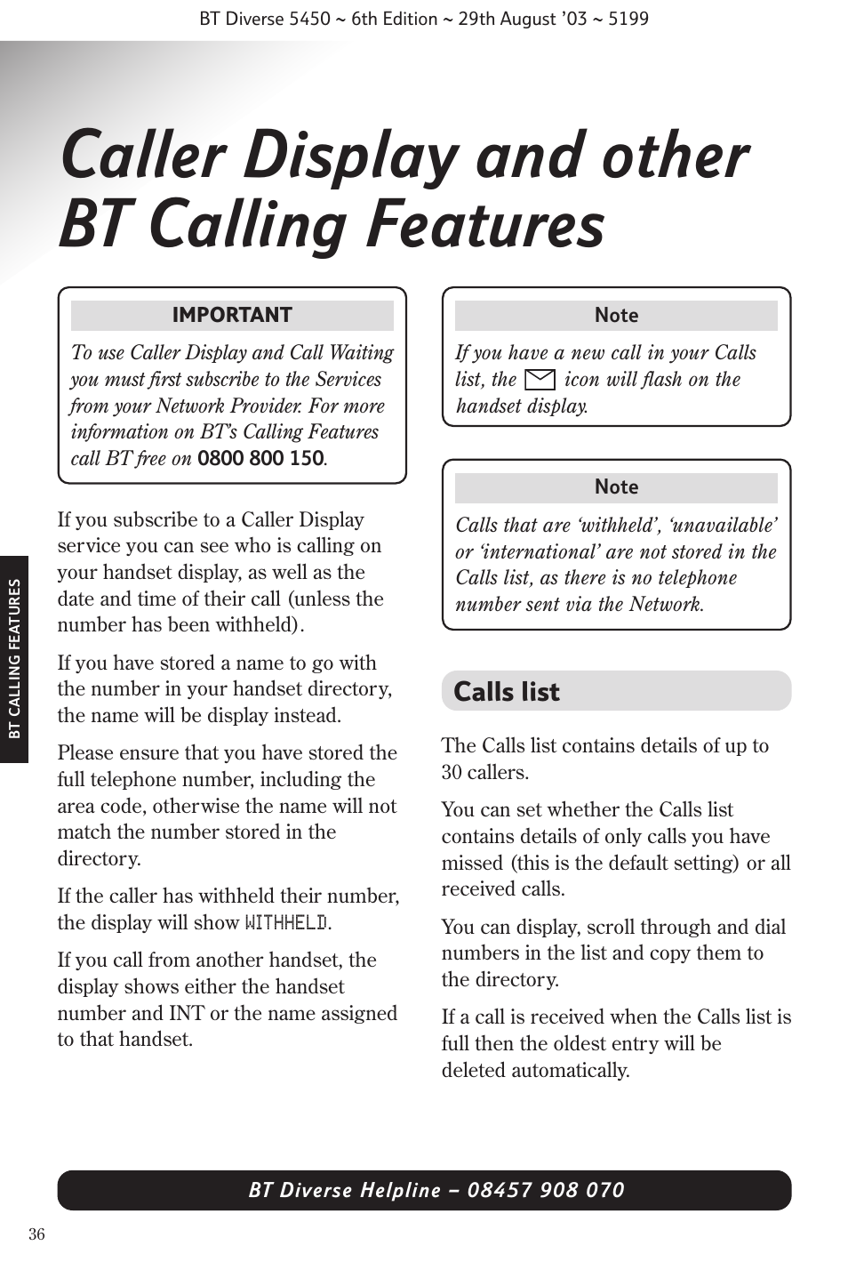 Caller display and other bt calling features, Calls list | BT Diverse 5450 User Manual | Page 38 / 94