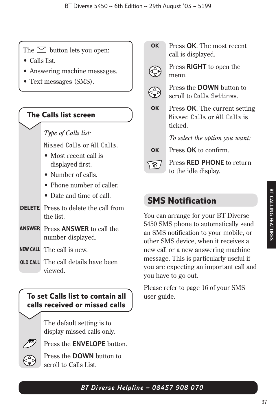 Sms notification, The calls list screen | BT Diverse 5450 User Manual | Page 39 / 94