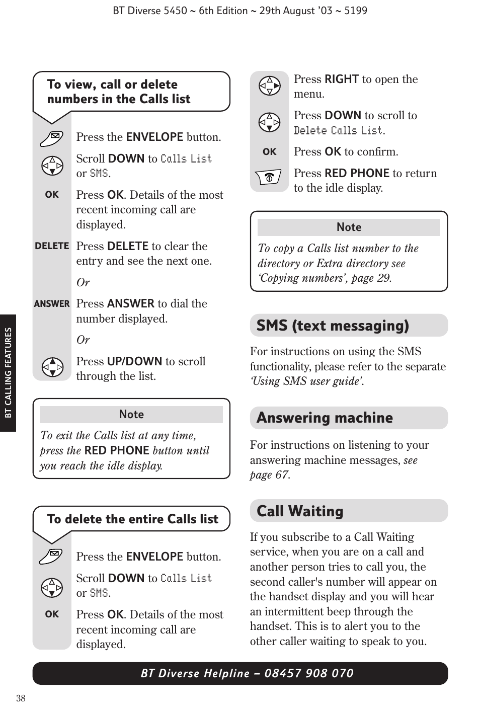 Call waiting, Sms (text messaging), Answering machine | BT Diverse 5450 User Manual | Page 40 / 94