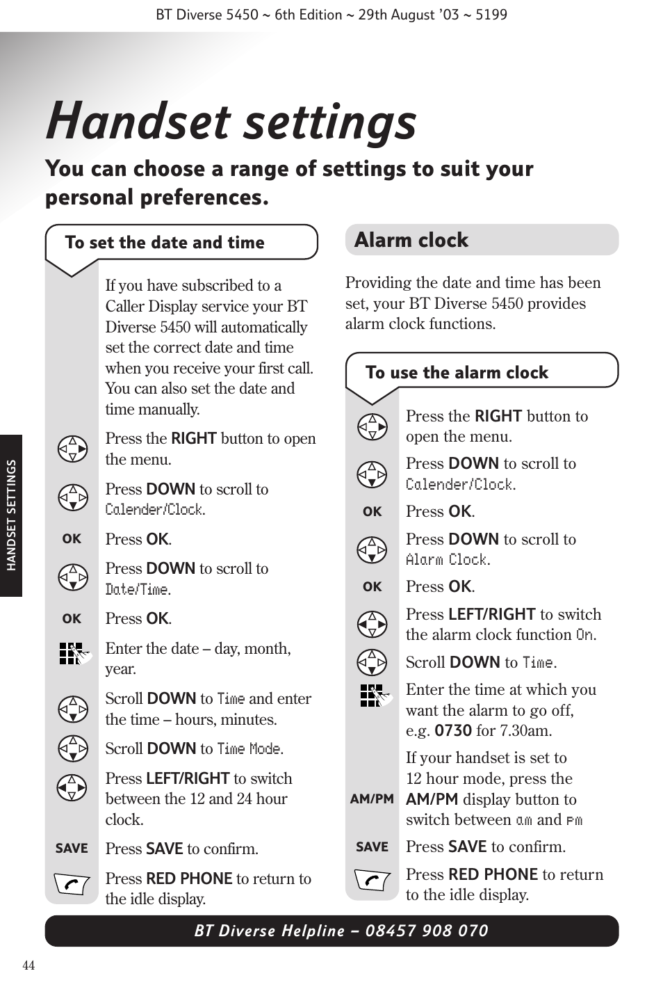 Handset settings, Alarm clock | BT Diverse 5450 User Manual | Page 46 / 94