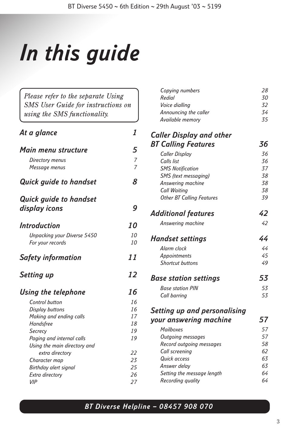 At a glance 1 main menu structure 5, Caller display and other bt calling features 36, Additional features 42 | Handset settings 44, Base station settings 53 | BT Diverse 5450 User Manual | Page 5 / 94