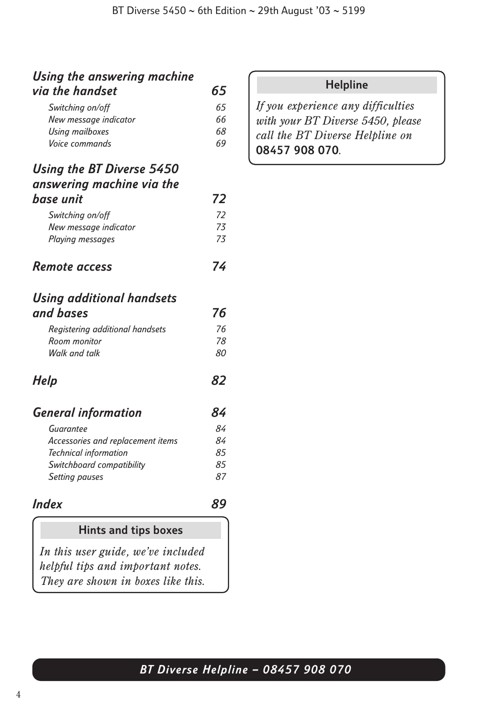 Using the answering machine via the handset 65, Help 82 general information 84, Index 89 | BT Diverse 5450 User Manual | Page 6 / 94