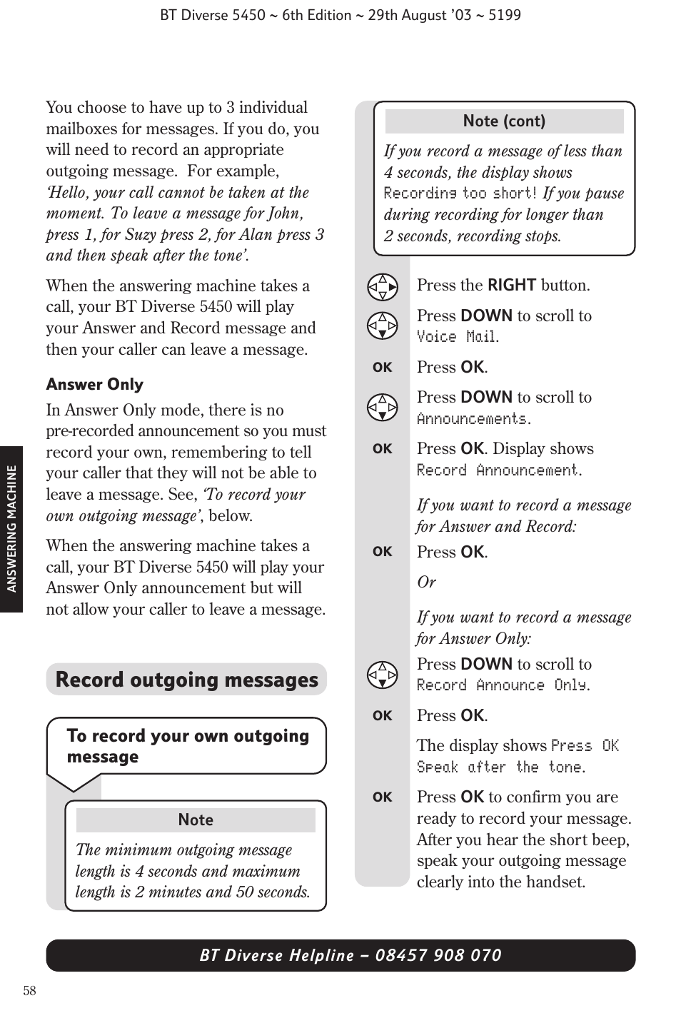 Record outgoing messages | BT Diverse 5450 User Manual | Page 60 / 94