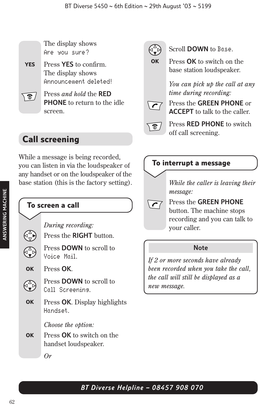 Call screening | BT Diverse 5450 User Manual | Page 64 / 94