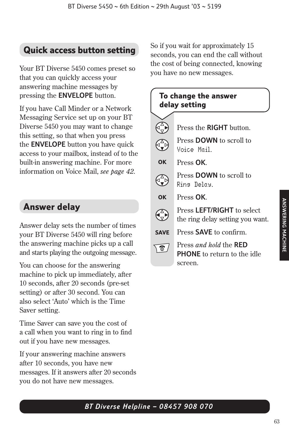 Quick access button setting, Answer delay | BT Diverse 5450 User Manual | Page 65 / 94