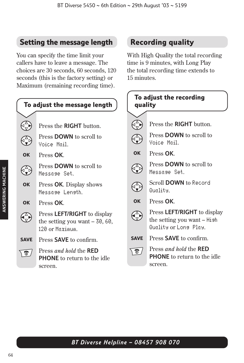 Recording quality, Setting the message length | BT Diverse 5450 User Manual | Page 66 / 94