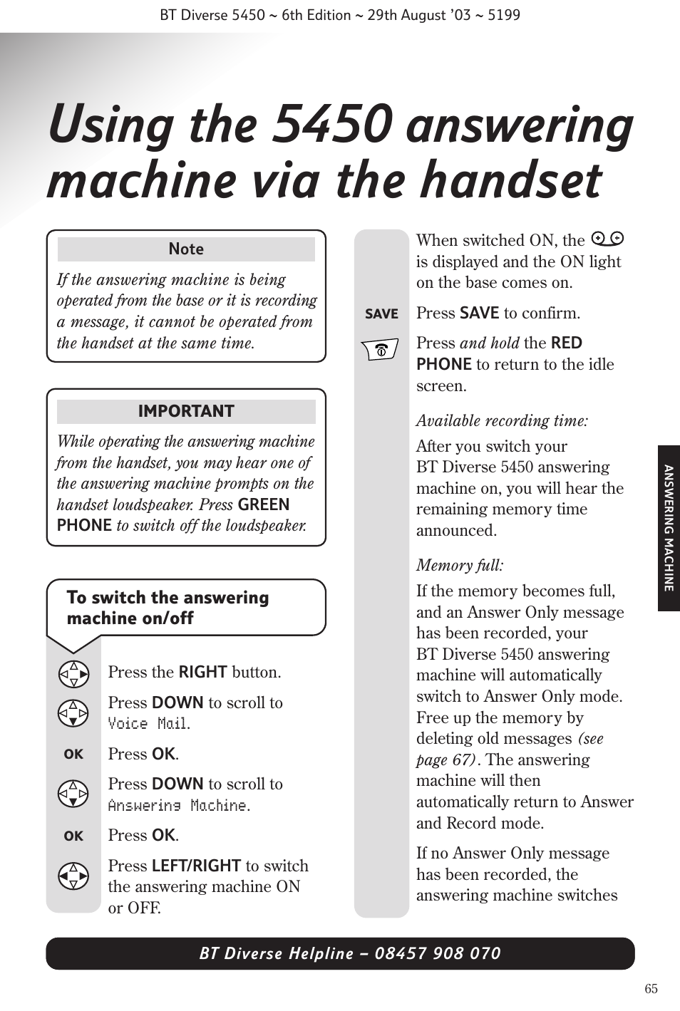 Using the 5450 answering machine via the handset | BT Diverse 5450 User Manual | Page 67 / 94