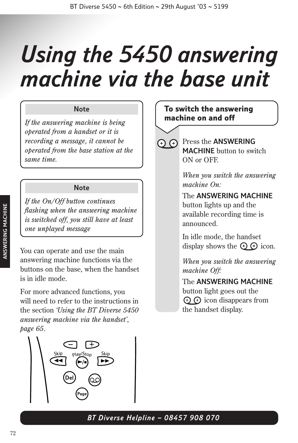 Using the 5450 answering machine via the base unit | BT Diverse 5450 User Manual | Page 74 / 94