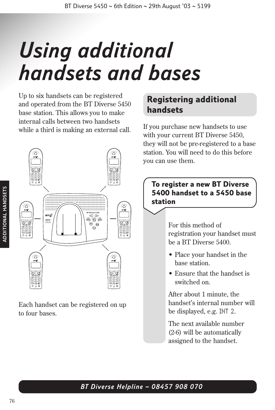 Using additional handsets and bases, Registering additional handsets, Int 2 | Additional handset s, Wxyz, Pqrs, Tuv ghi | BT Diverse 5450 User Manual | Page 78 / 94