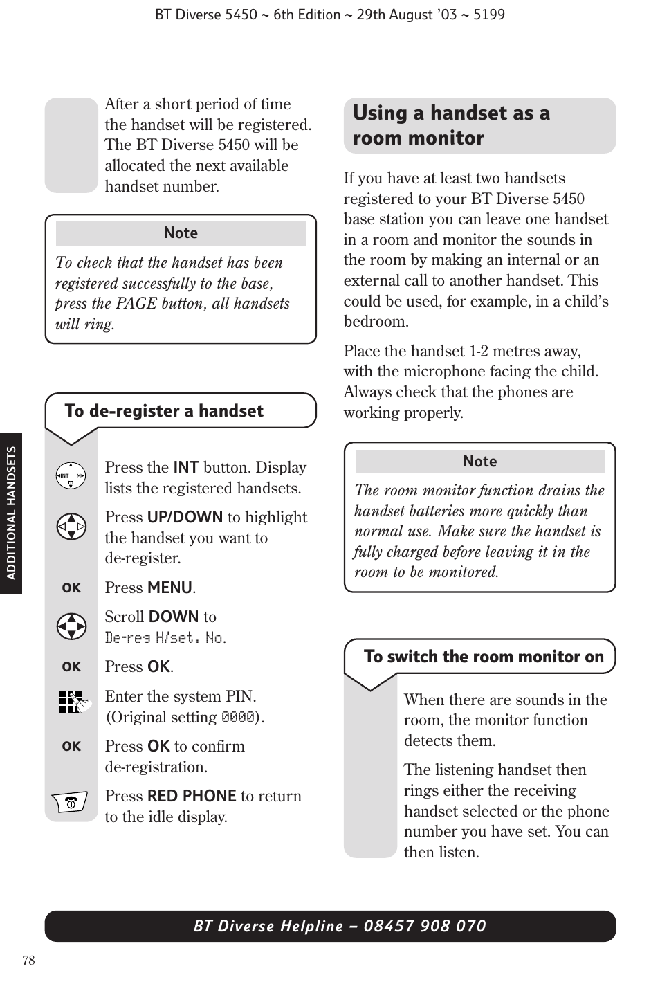 Using a handset as a room monitor | BT Diverse 5450 User Manual | Page 80 / 94