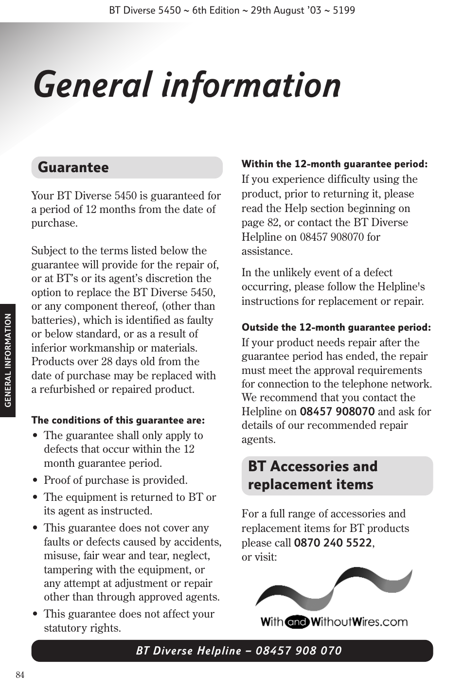 General information, Guarantee, Bt accessories and replacement items | BT Diverse 5450 User Manual | Page 86 / 94