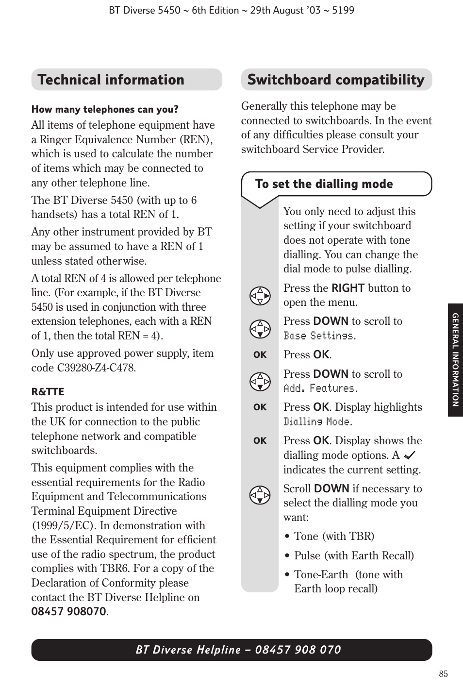 Switchboard compatibility, Technical information | BT Diverse 5450 User Manual | Page 87 / 94