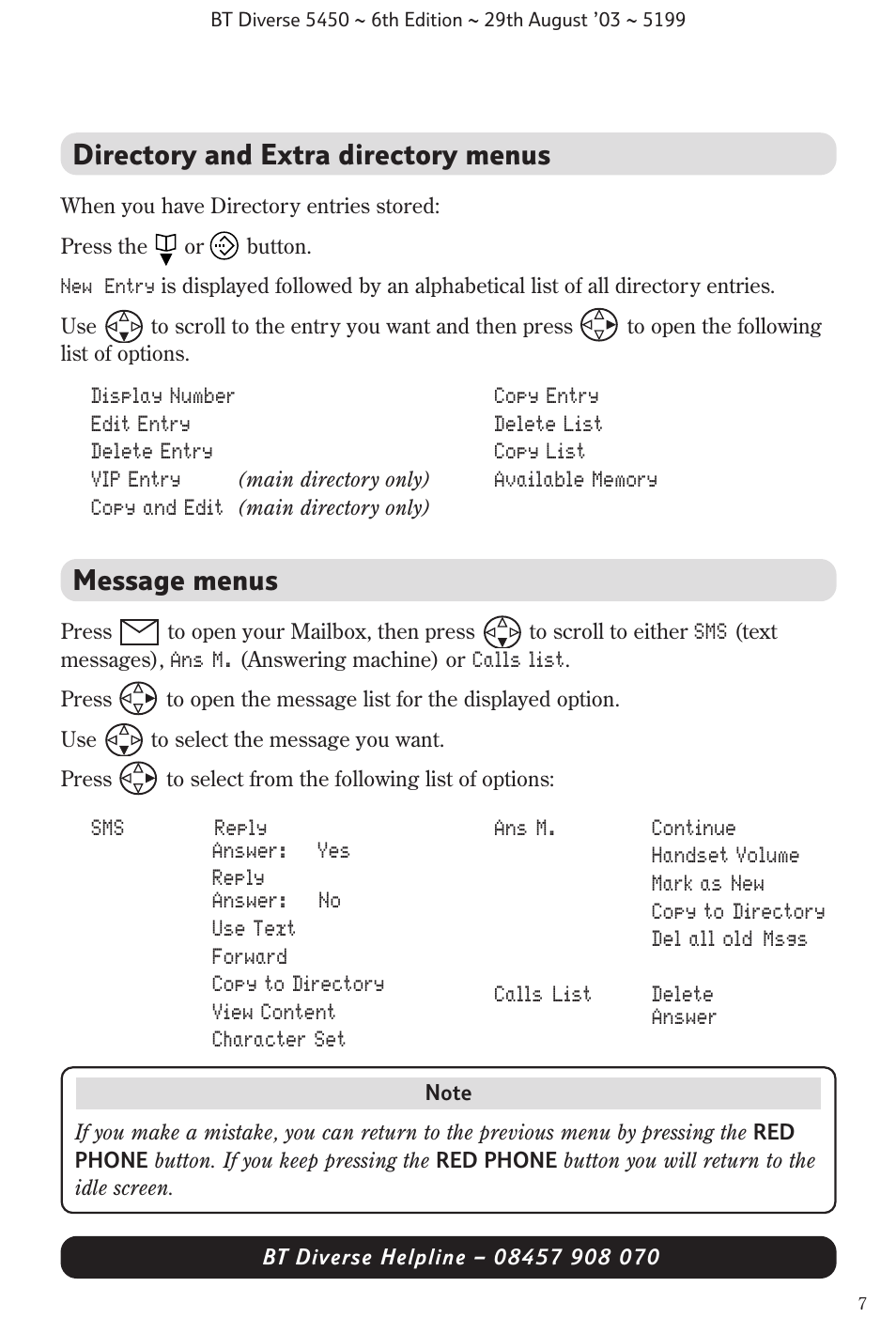 Directory and extra directory menus, Message menus | BT Diverse 5450 User Manual | Page 9 / 94