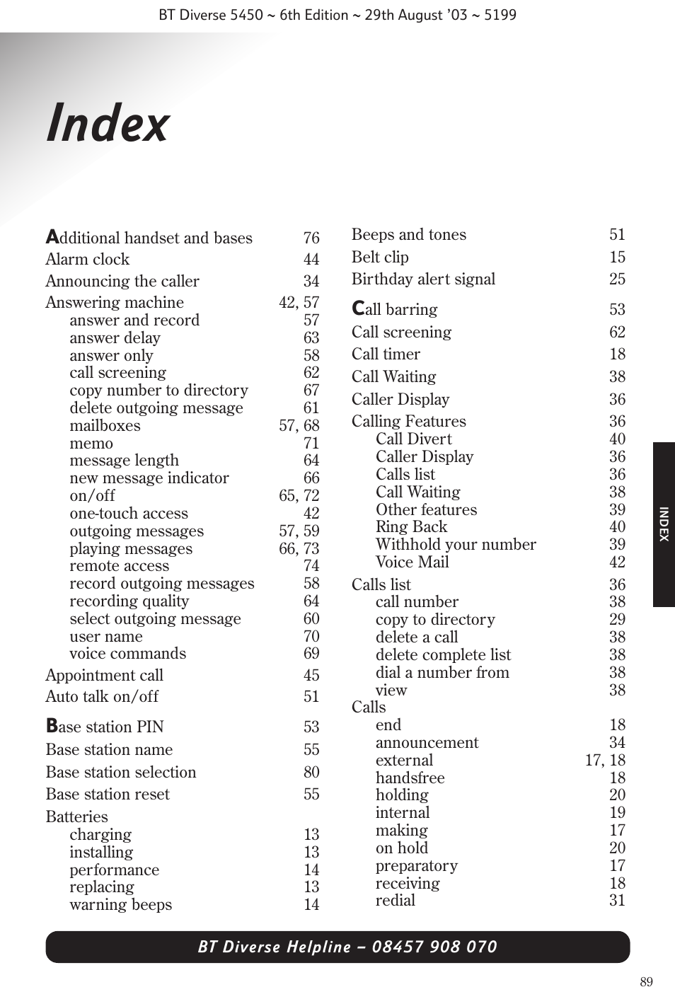 Index | BT Diverse 5450 User Manual | Page 91 / 94