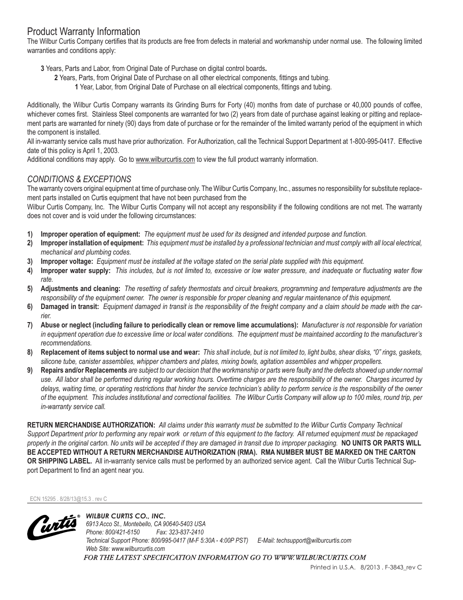 Product warranty information | Wilbur Curtis PCGT6 User Manual | Page 12 / 12