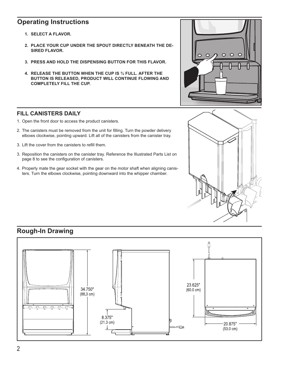 2operating instructions, Rough-in drawing | Wilbur Curtis PCGT6 User Manual | Page 2 / 12