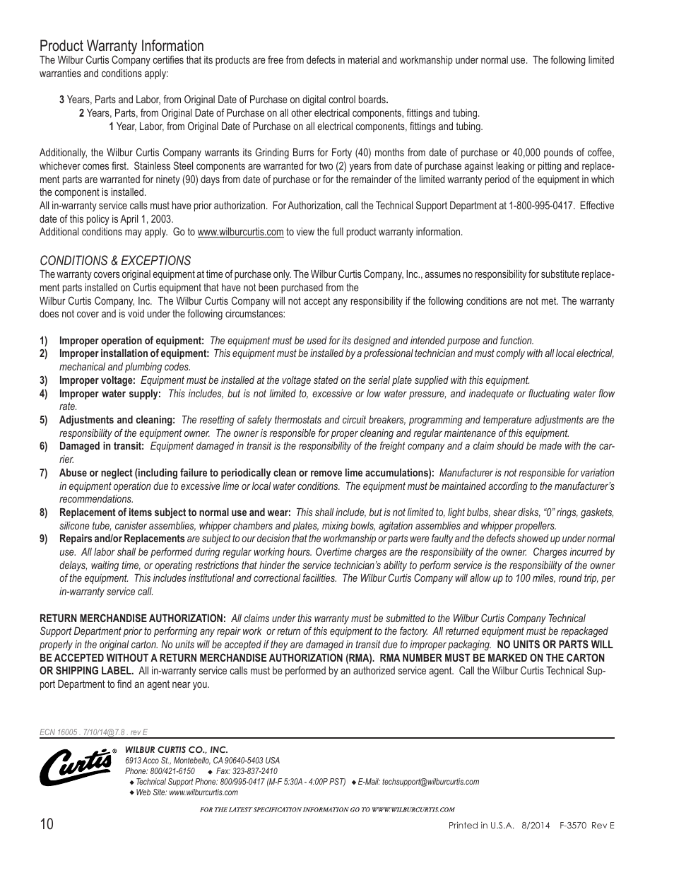 Product warranty information | Wilbur Curtis EXPR User Manual | Page 10 / 10
