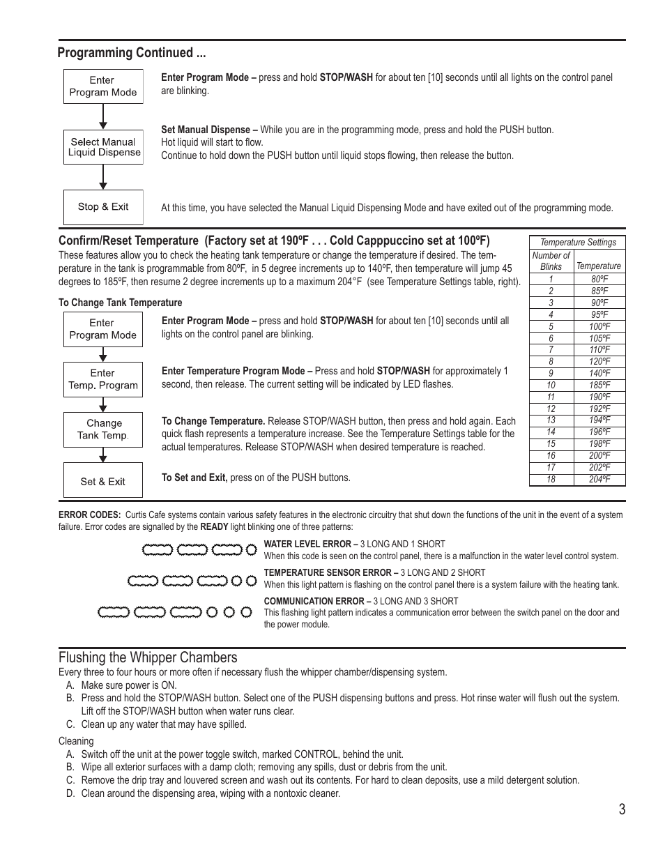 Flushing the whipper chambers, Programming continued | Wilbur Curtis CAFE PC4 WITH LIGHT BOX User Manual | Page 3 / 8