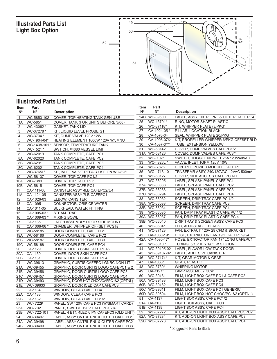 Illustrated parts list, Illustrated parts list light box option | Wilbur Curtis CAFE PC4 WITH LIGHT BOX User Manual | Page 6 / 8
