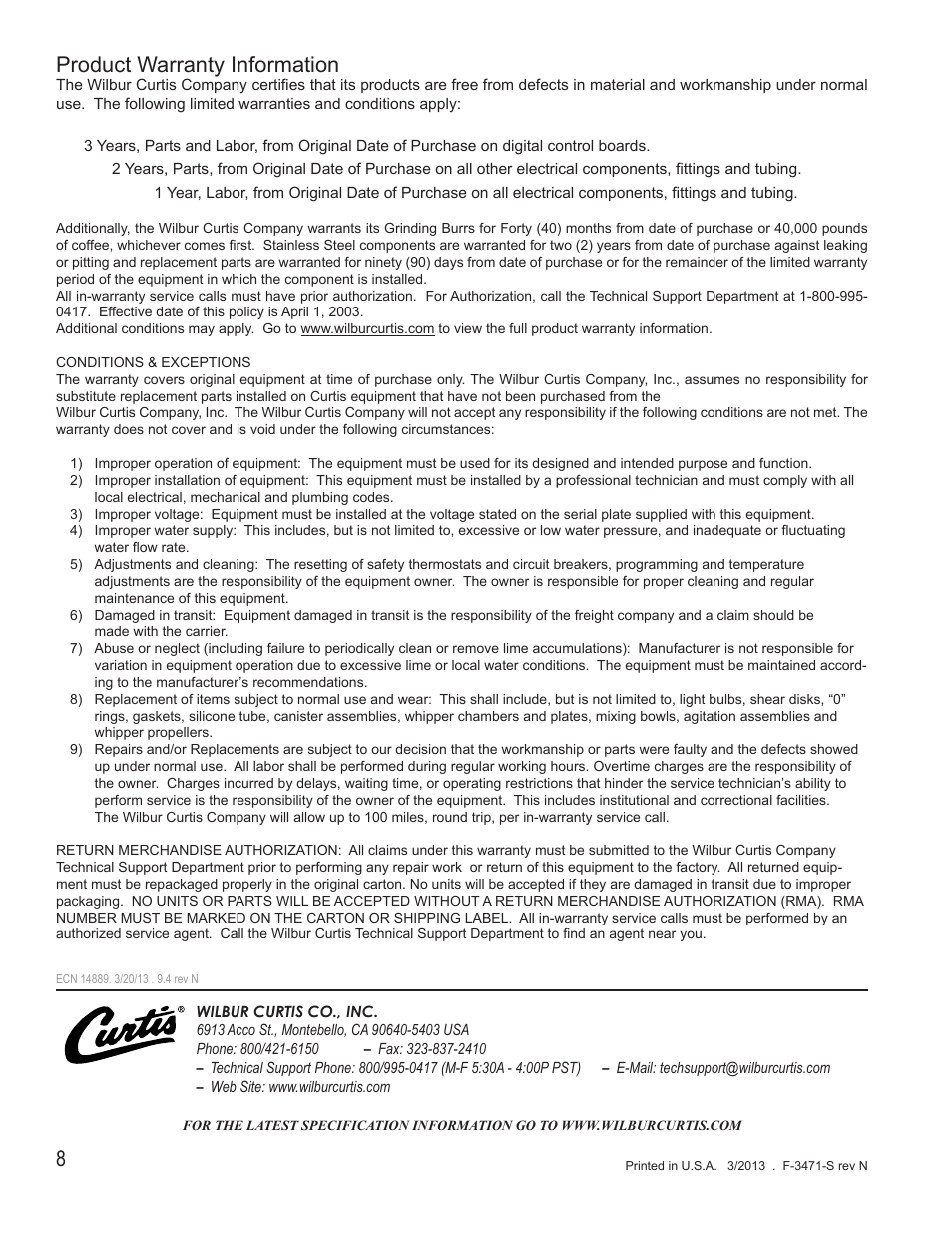 Product warranty information | Wilbur Curtis CAFE PC4 WITH LIGHT BOX User Manual | Page 8 / 8